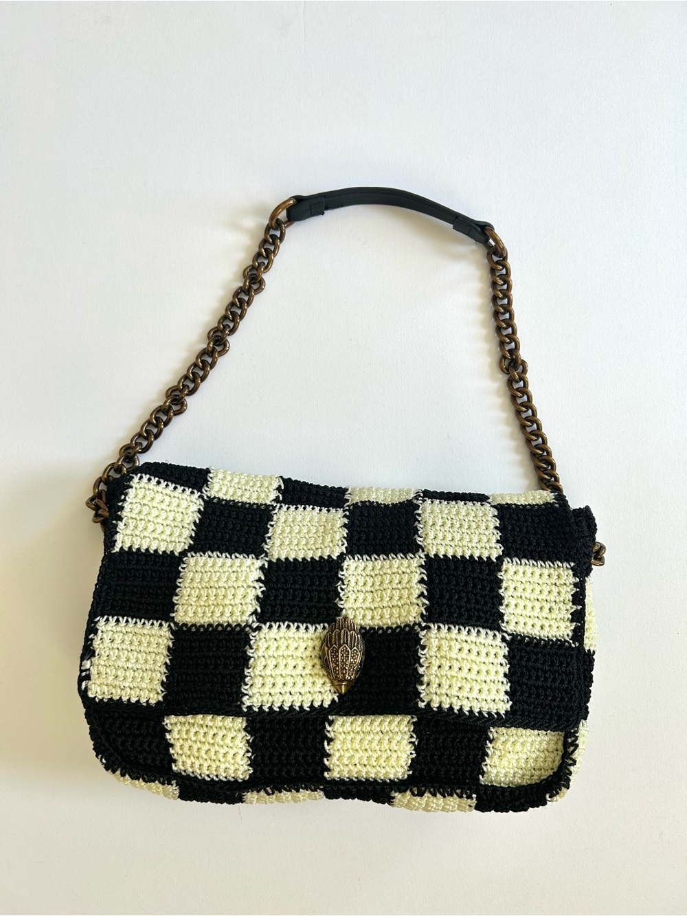 KURT GEIGER Black and off White Crochet Check Shoulder Bag with Chain